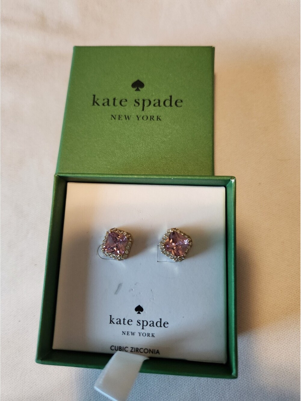 kate spade new york Pink CZ Halo Stud Earrings Butterfly Closure Square - Picture 3 of 5
